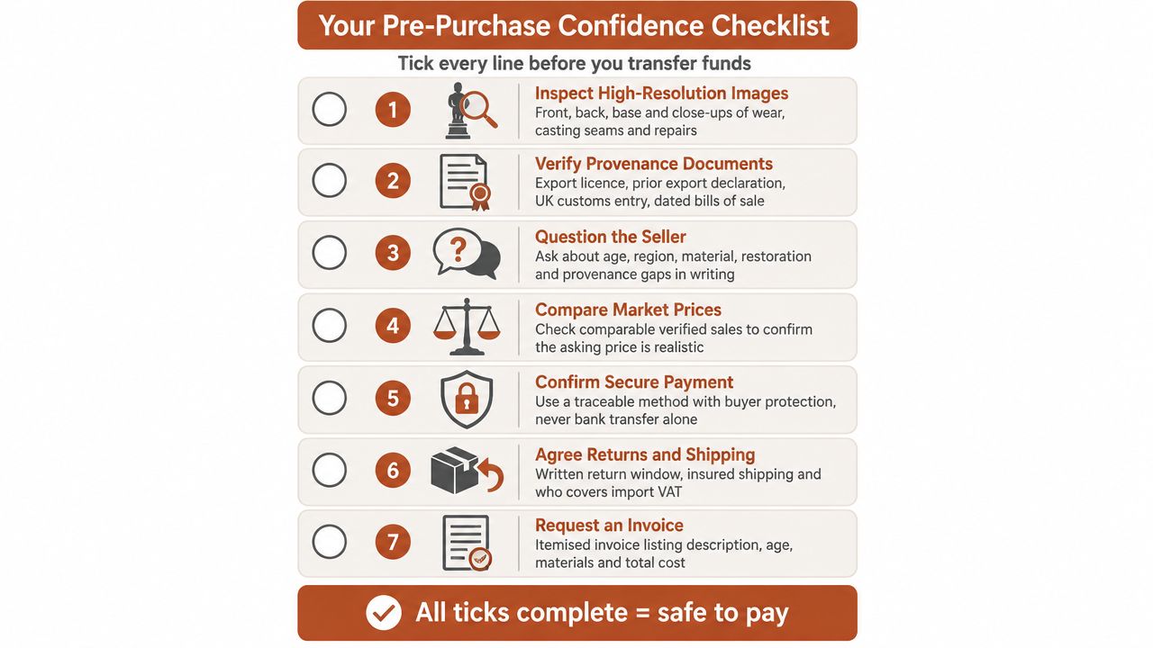 A checklist for buying antiques safely, featuring seven essential steps to verify items before transferring payment.