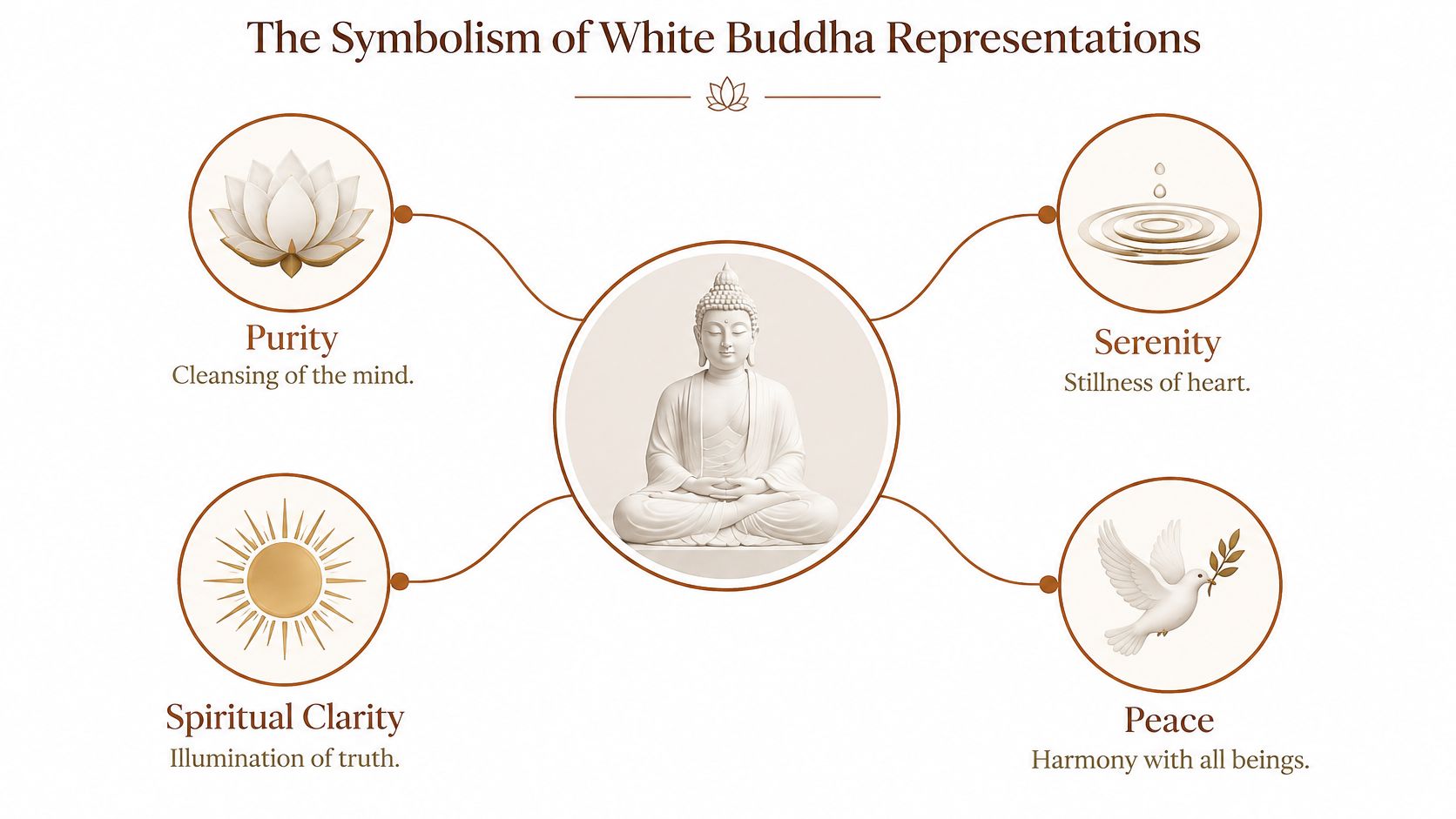 A diagram illustrating the symbolism of white Buddha statues, showing purity, serenity, spiritual clarity, and peace.