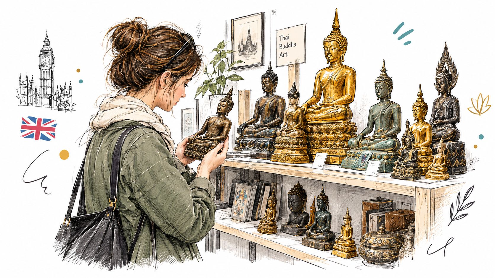 A woman admiring various antique Thai Buddha figurines in a shop decorated with British cultural motifs.