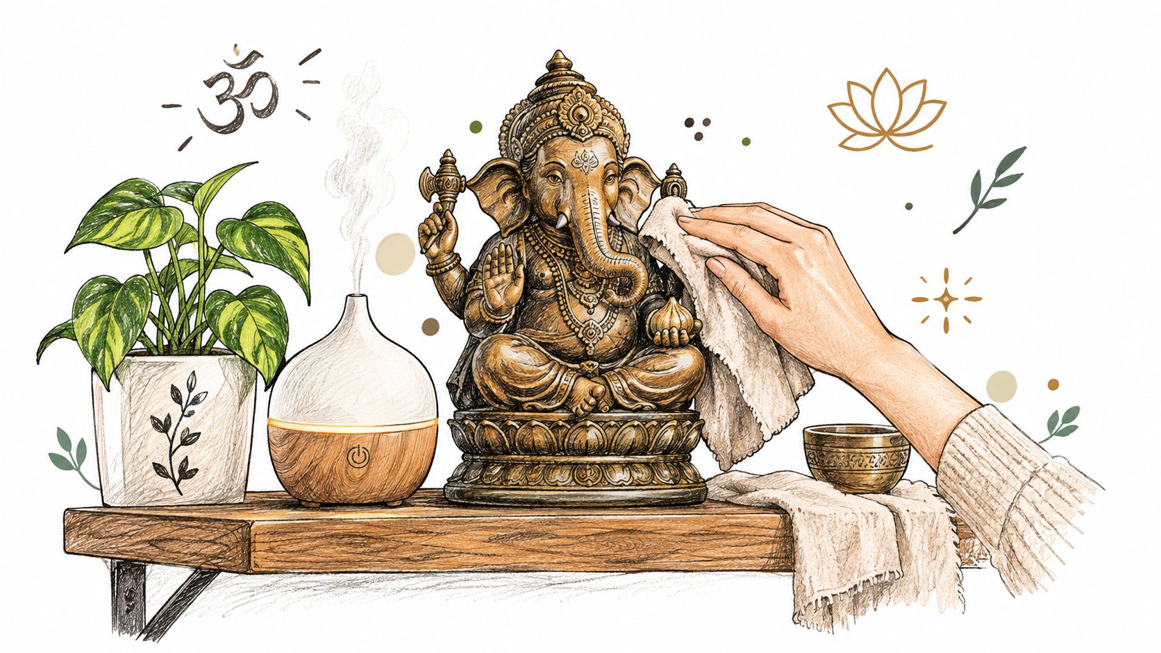 A hand gently wipes dust from an antique Lord Ganesha statue sitting on a wooden shelf nearby.