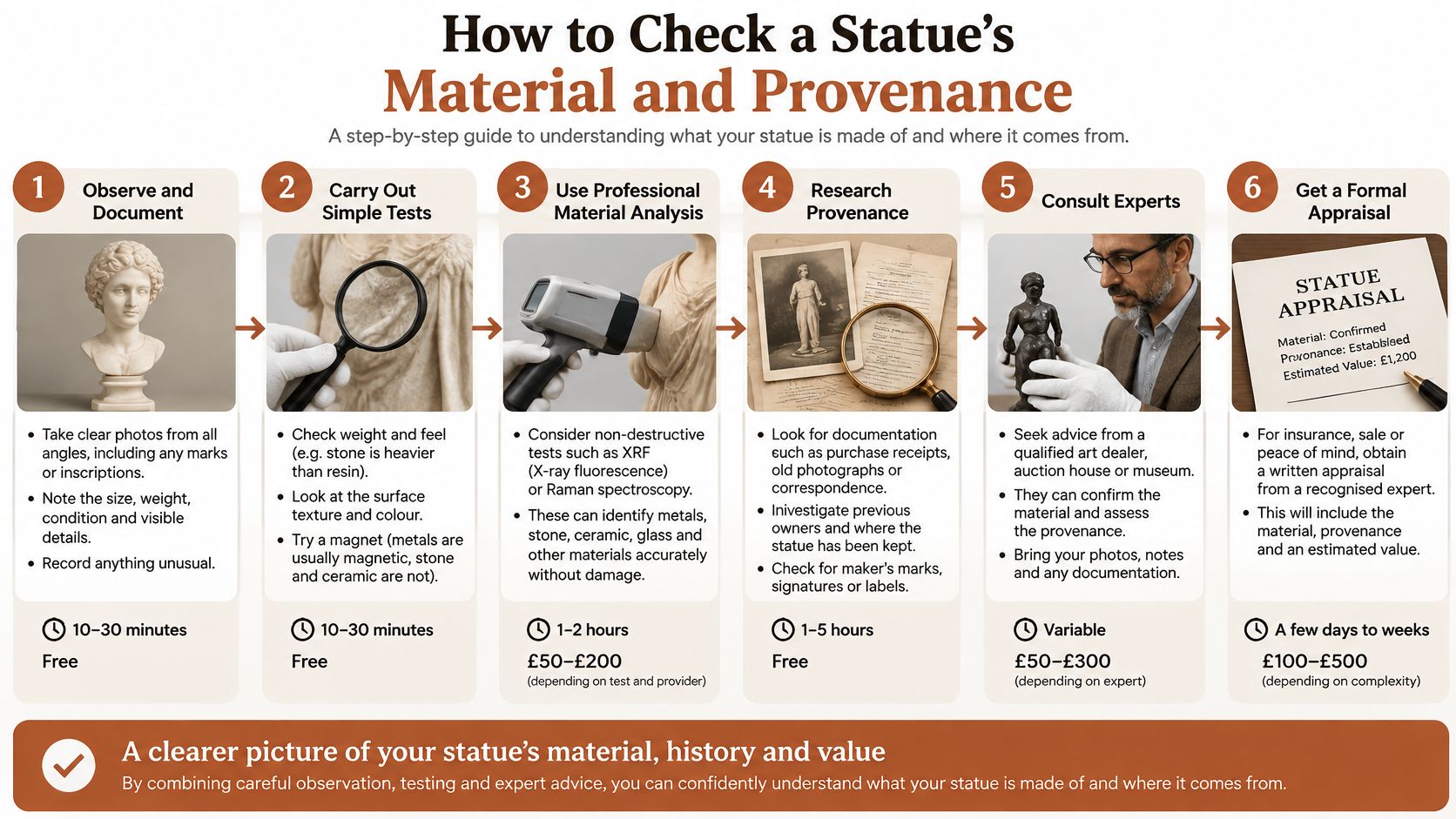 An infographic titled How to Check a Statue's Material and Provenance with six step-by-step assessment guide steps.