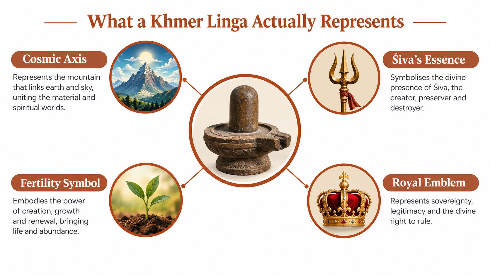 An infographic titled What a Khmer Linga Actually Represents, showing four symbolic meanings of the ancient monument.