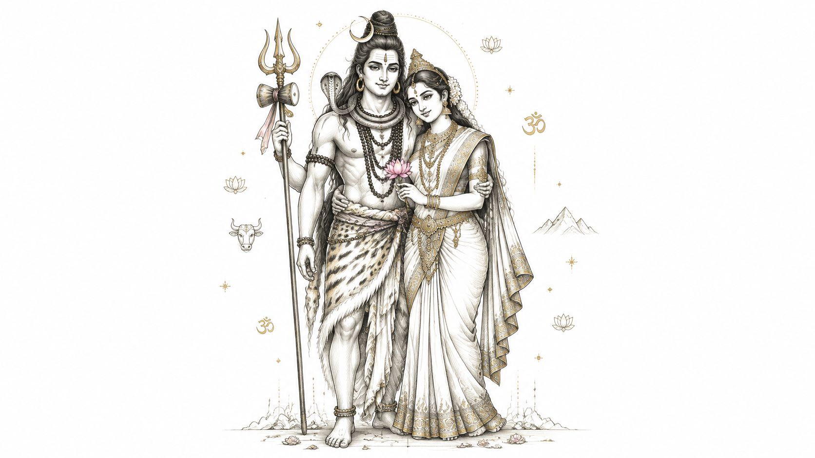 An artistic line drawing of Lord Shiva and Goddess Parvati standing together in a divine embrace.