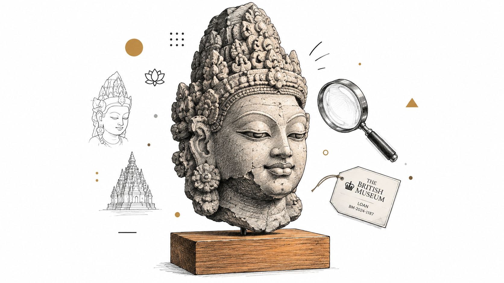 An artistic illustration featuring a detailed stone sculpture head with museum loan tag and magnifying glass.