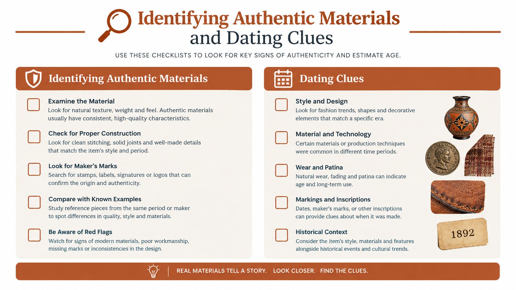 An infographic titled Identifying Authentic Materials and Dating Clues with checklists for verifying antiques and artifacts.