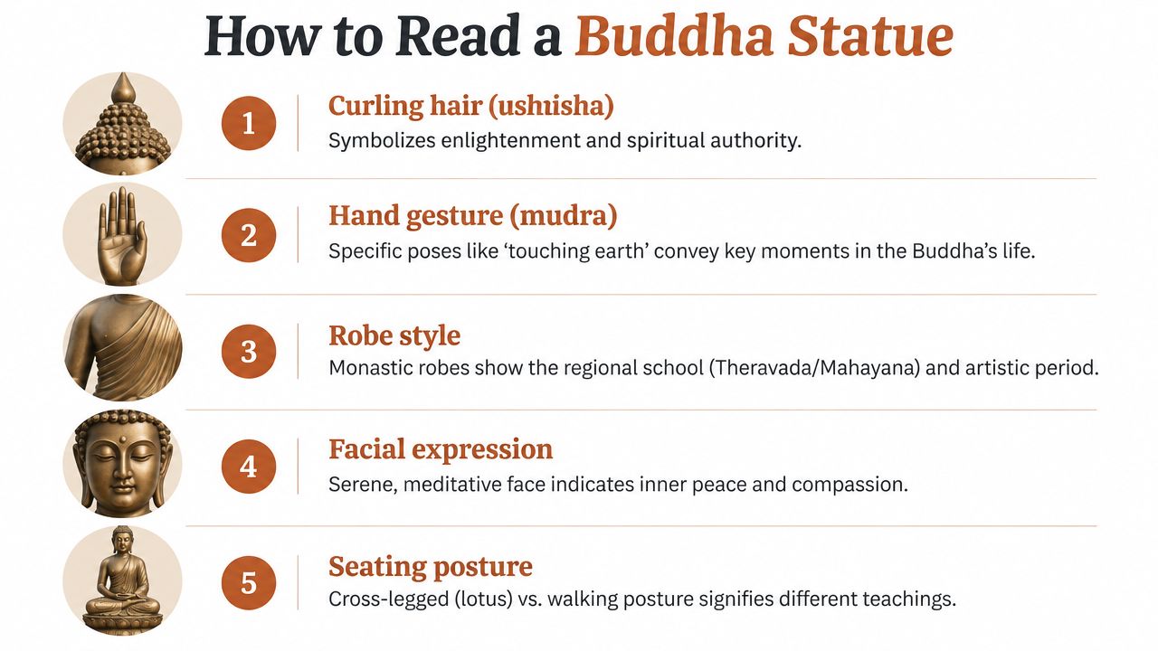 An infographic titled How to Read a Buddha Statue detailing five key features with accompanying symbols.