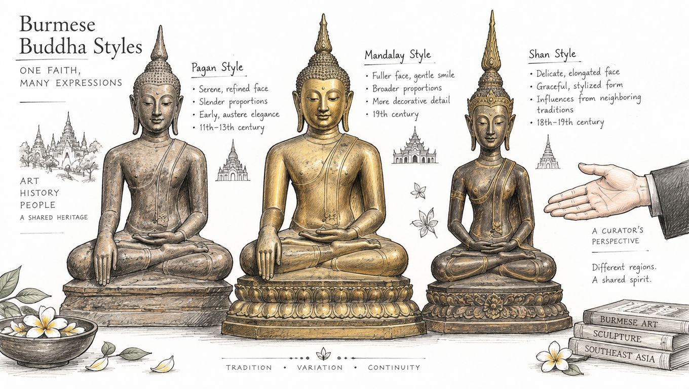 An illustration comparing the historical artistic styles of Burmese Buddha statues: Pagan, Mandalay, and Shan.