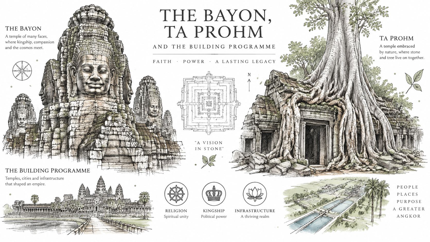 A detailed illustration showcasing the ancient temples of The Bayon and Ta Prohm in Angkor, Cambodia.