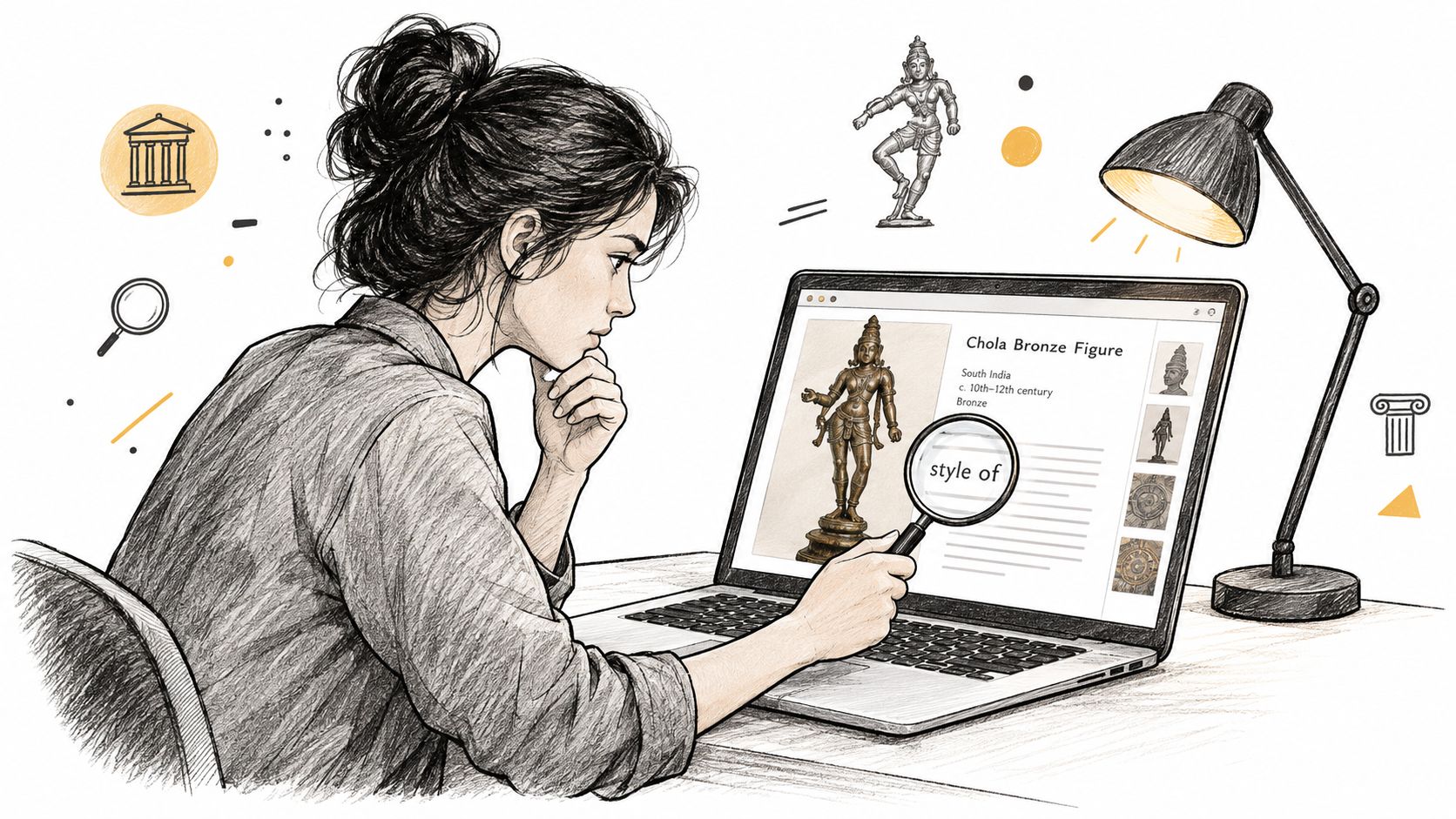 An illustration of a person studying a Chola bronze sculpture using a magnifying glass and a laptop.