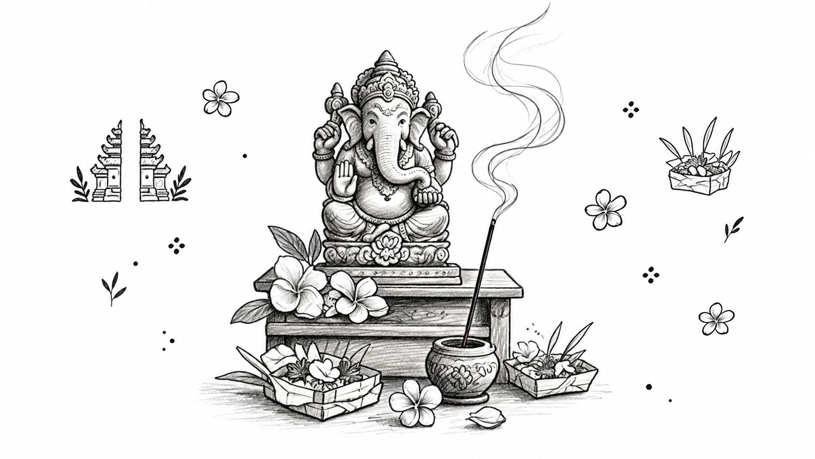 A pencil-style illustration of Lord Ganesha with Balinese offerings and incense, representing Indonesian Hindu-Buddhist traditions.