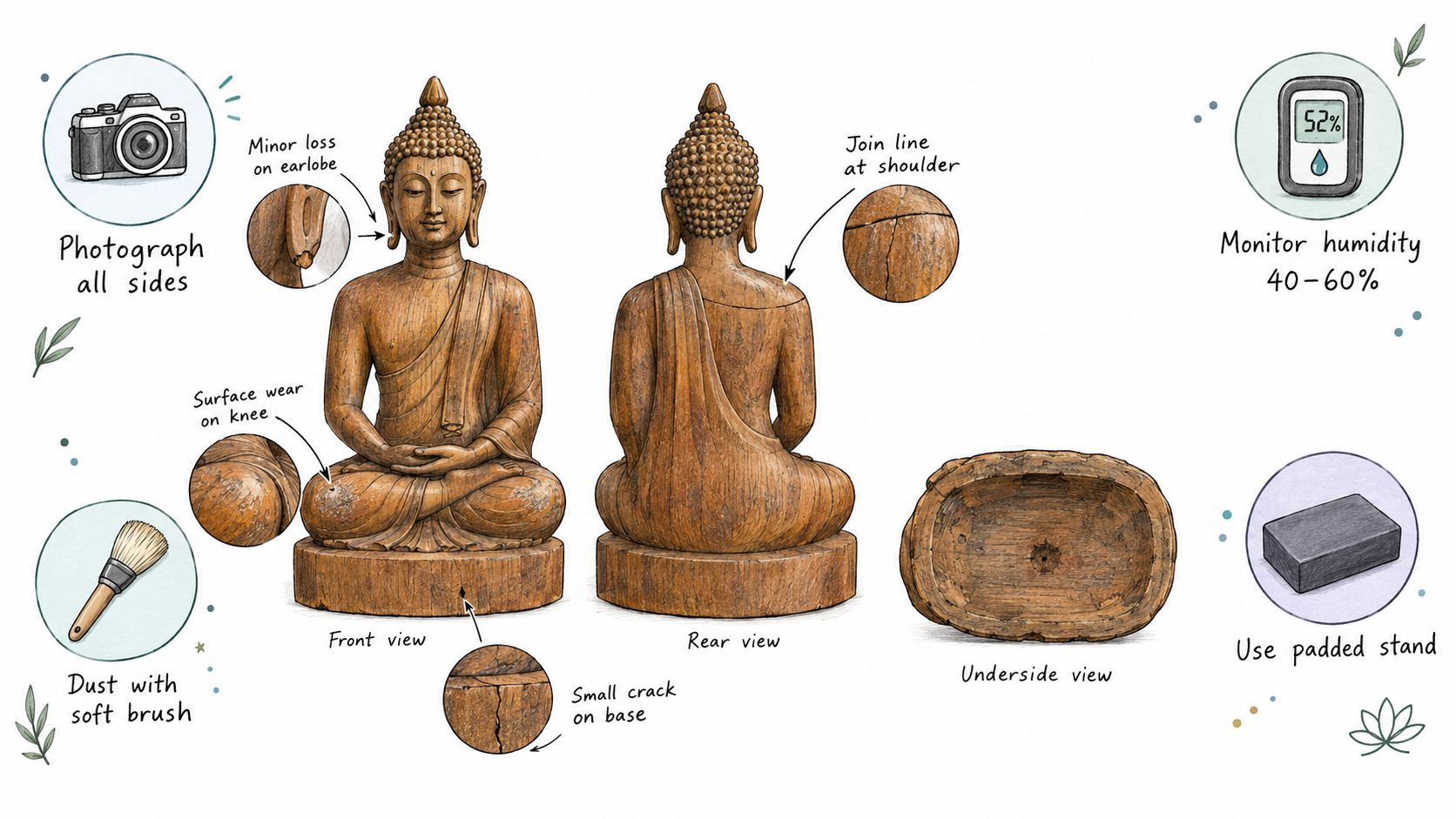 Une infographie montrant des conseils d'entretien pour une statue de Bouddha antique en bois, y compris la photographie, le dépoussiérage et la surveillance environnementale.