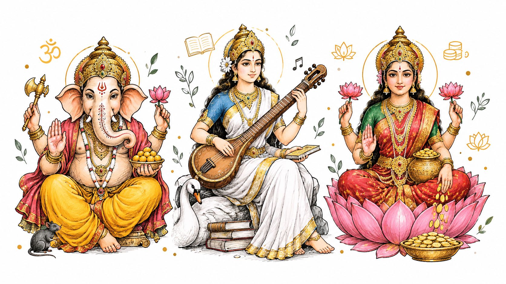 An illustration of Hindu deities Ganesha, Saraswati, and Lakshmi sitting together against a clean white background.