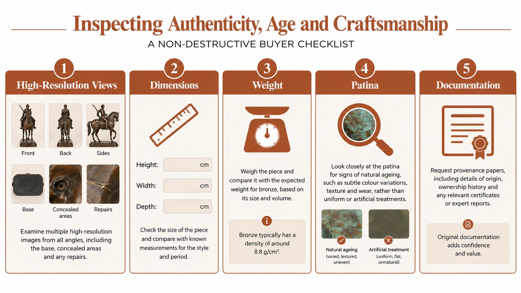 A buyer checklist infographic detailing five professional steps to inspect the authenticity and age of bronze statues.