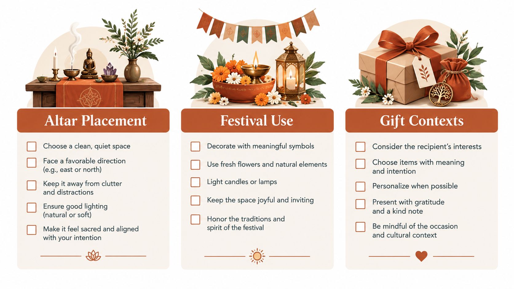 An infographic showing tips for altar placement, festival decoration, and meaningful gift-giving practices for spiritual celebrations.