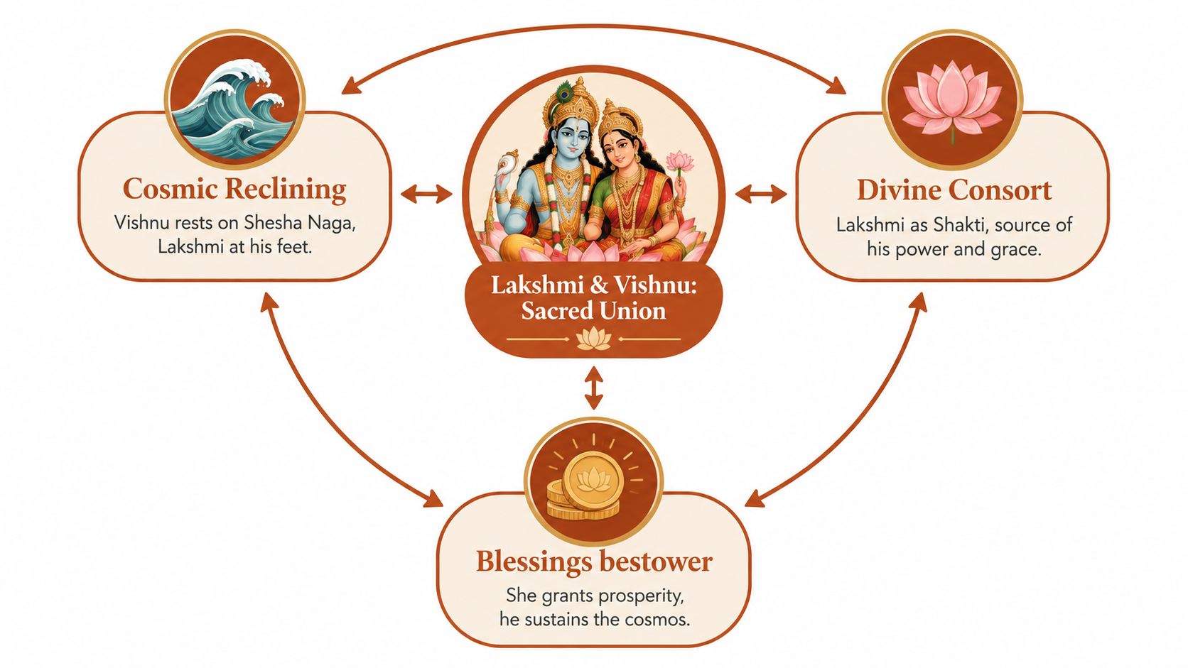 An infographic depicting the sacred union of Hindu deities Lakshmi and Vishnu with interconnected symbolic themes.