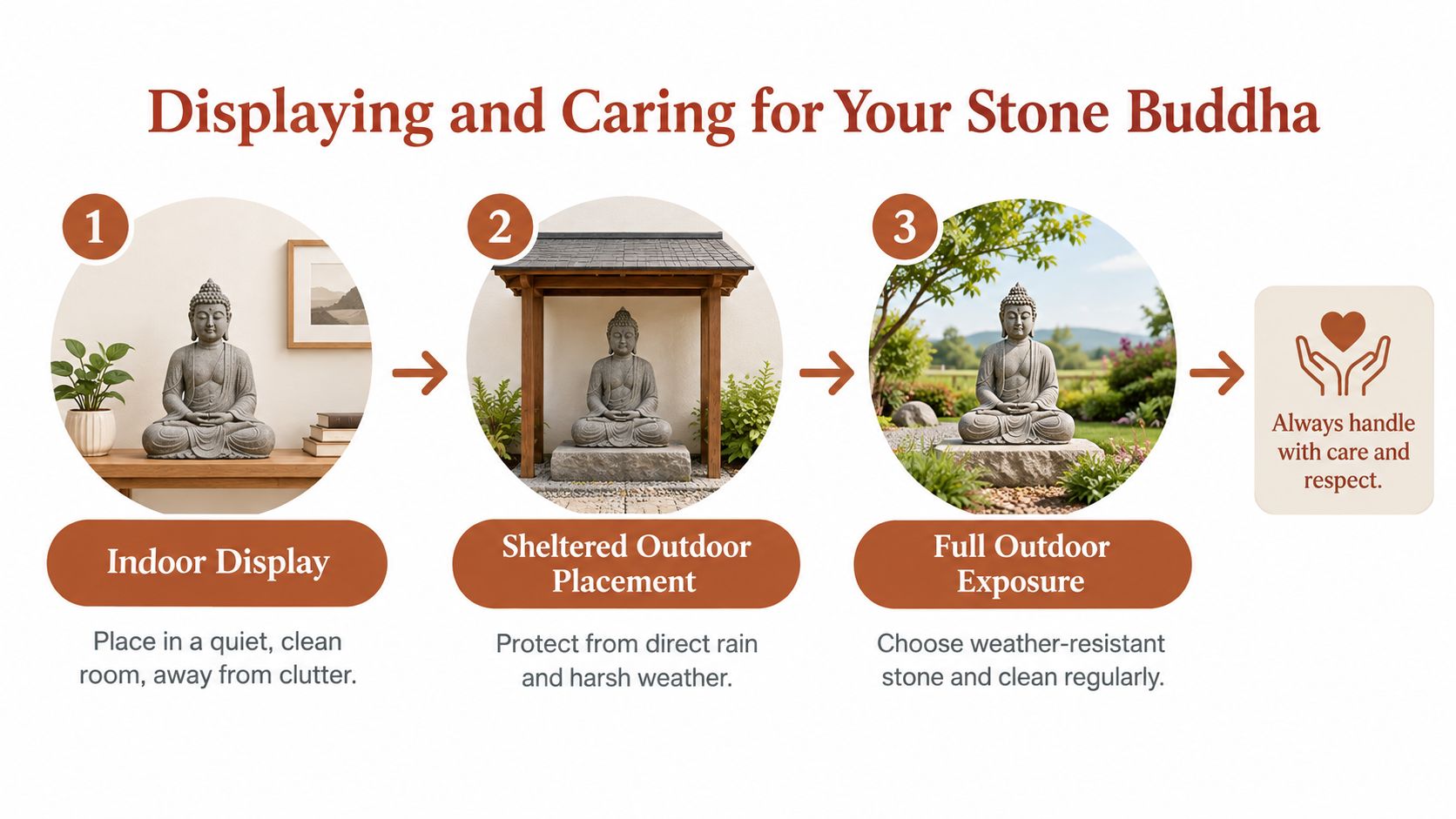 A guide on how to display and care for a stone Buddha statue indoors and outdoors.