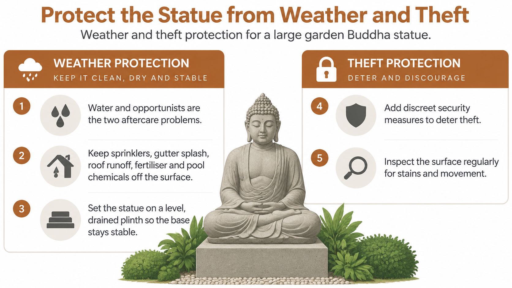 An infographic showing tips for protecting a large Buddha garden statue from weather damage and theft.
