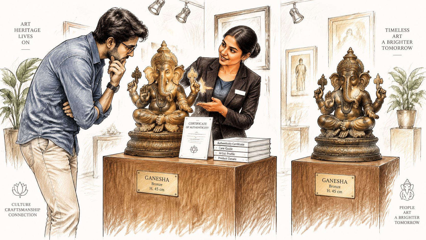 An art gallery representative explains a detailed bronze Ganesha statue to an interested male customer indoors.