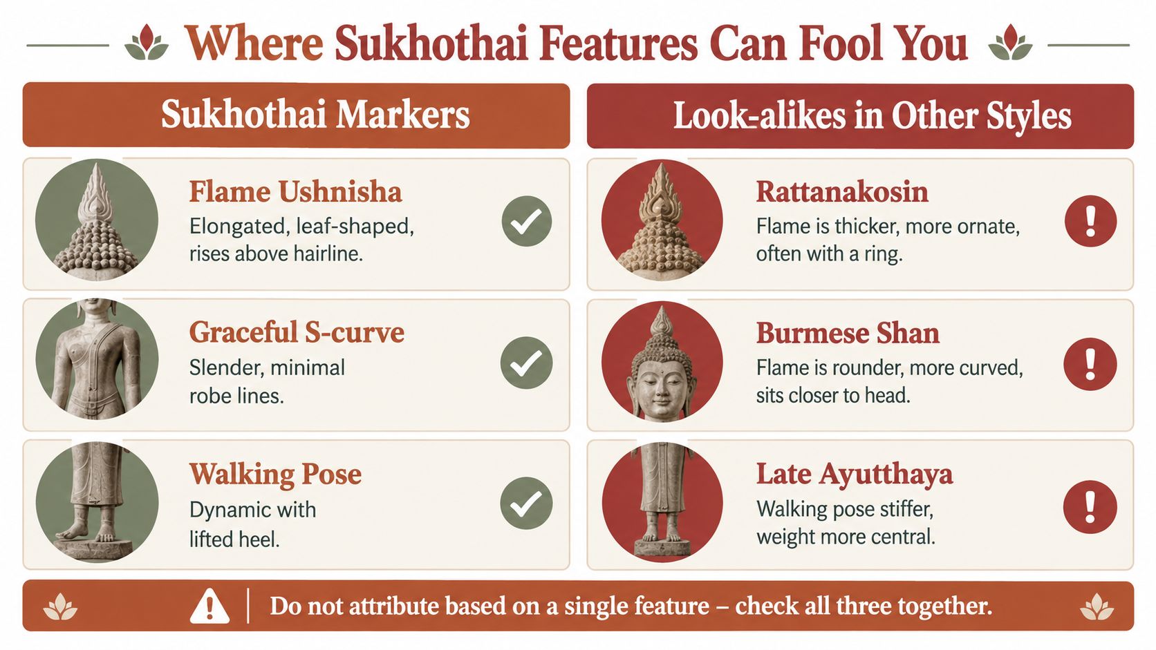 An infographic showing identifying markers of Sukhothai Buddha statues and distinguishing them from other Southeast Asian styles.
