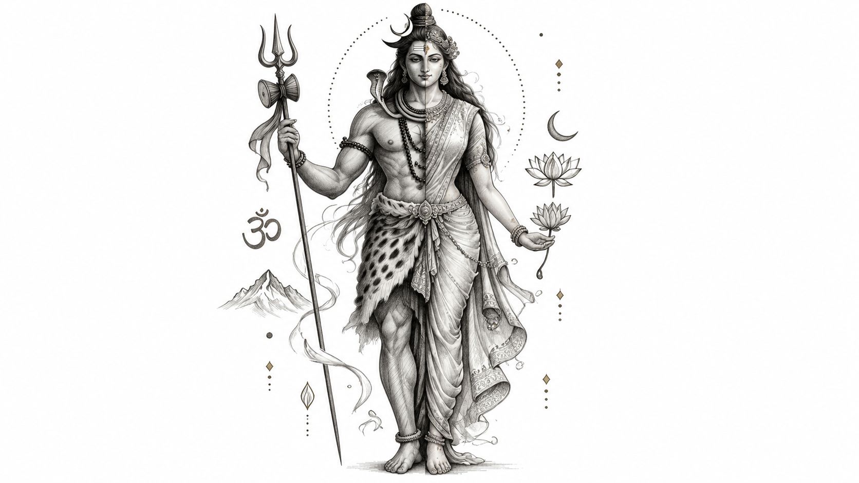 A detailed pencil sketch illustration of the Ardhanarishvara, the composite form of Lord Shiva and Goddess Parvati.