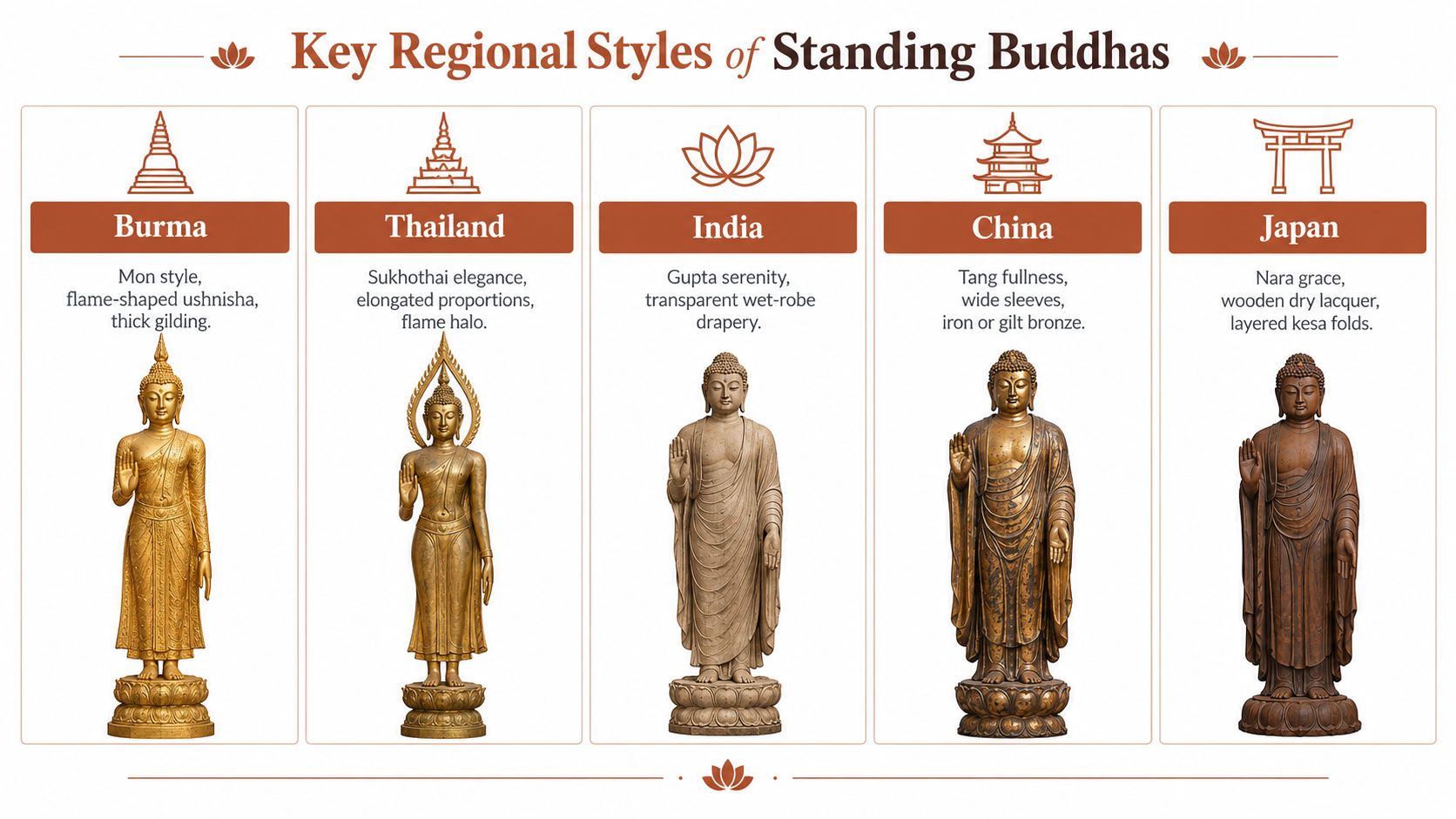 An infographic showing five standing Buddha statues from Burma, Thailand, India, China, and Japan with their distinct characteristics.