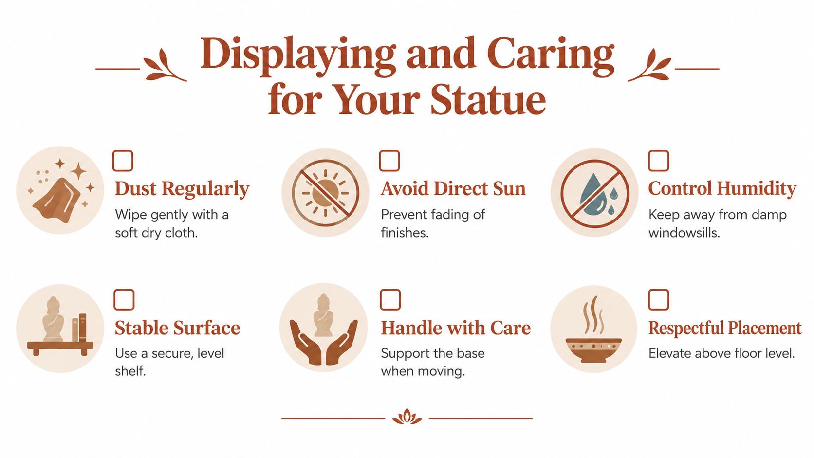An infographic titled Displaying and Caring for Your Statue, showing six tips with icons for maintenance.