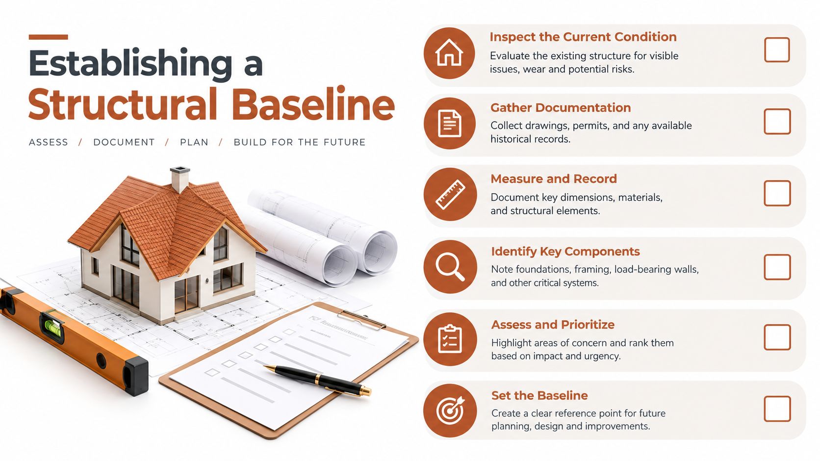 An infographic detailing the process of establishing a structural baseline for home renovations and property assessment.