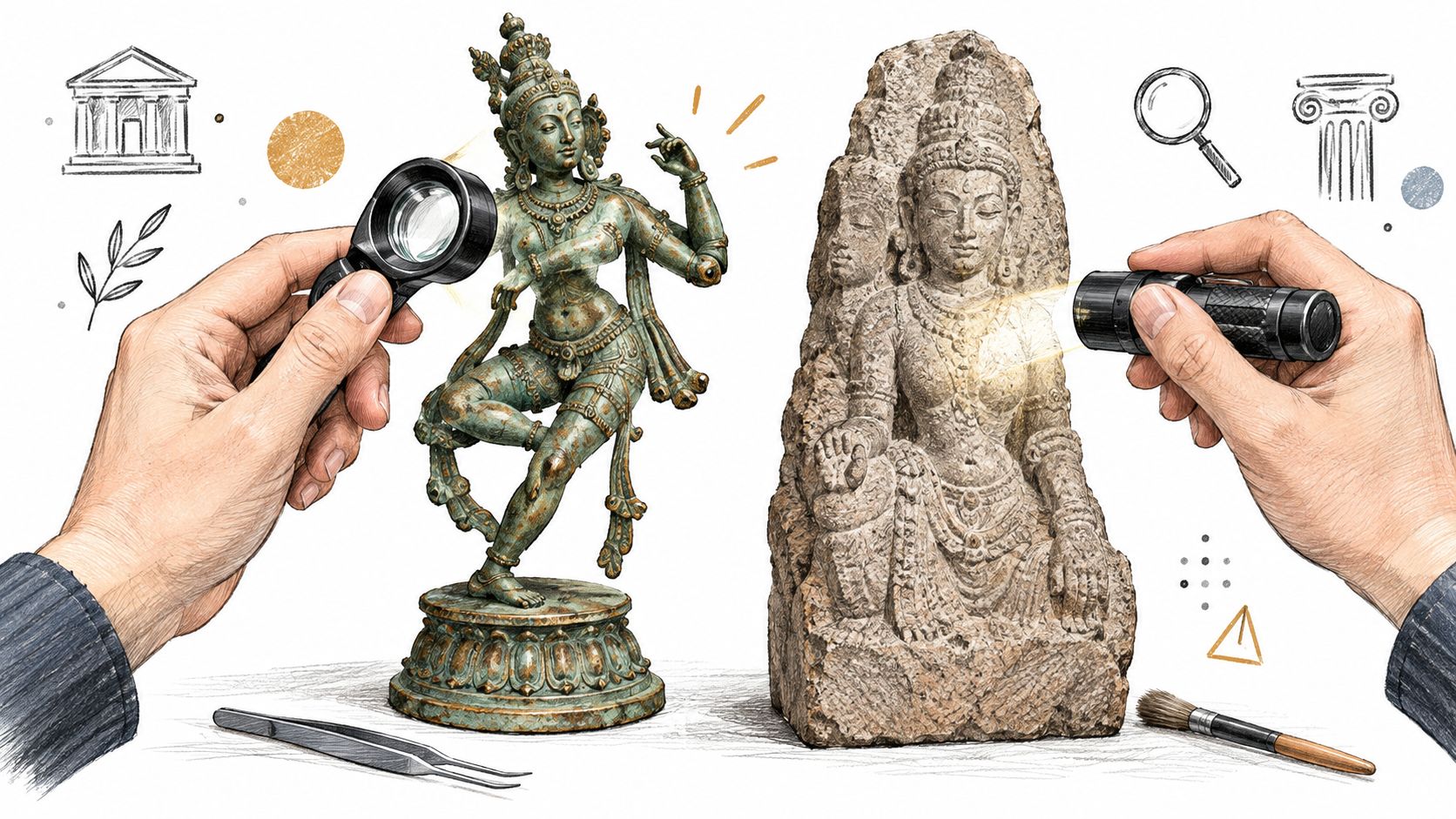 Hands examining a bronze dancing deity statue and a carved stone relief with tools and magnifying glasses.
