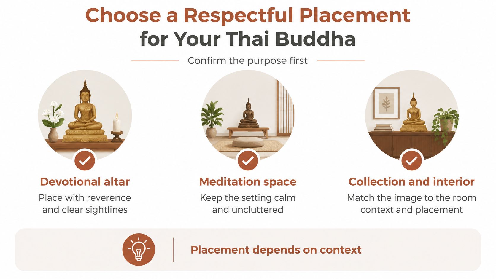 A graphic showing three respectful placement examples for a Thai Buddha statue: altar, meditation space, and home decor.