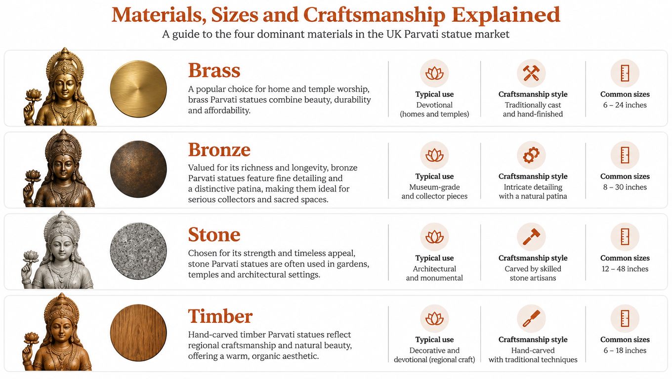An infographic detailing the common materials, sizes, and craftsmanship styles for Parvati goddess statues.