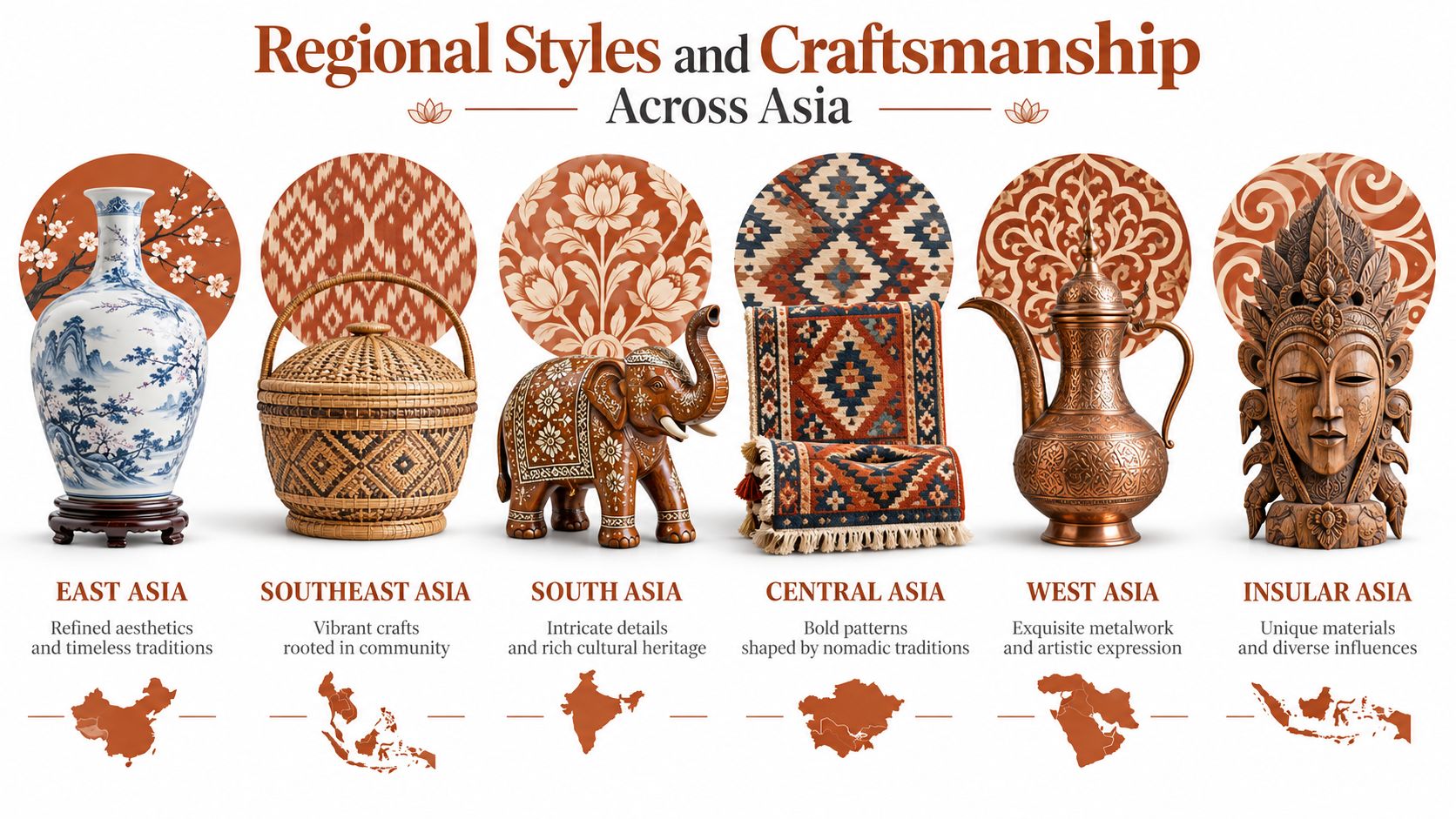 A graphic illustration showcasing various traditional regional crafts and artistic styles from across different parts of Asia.