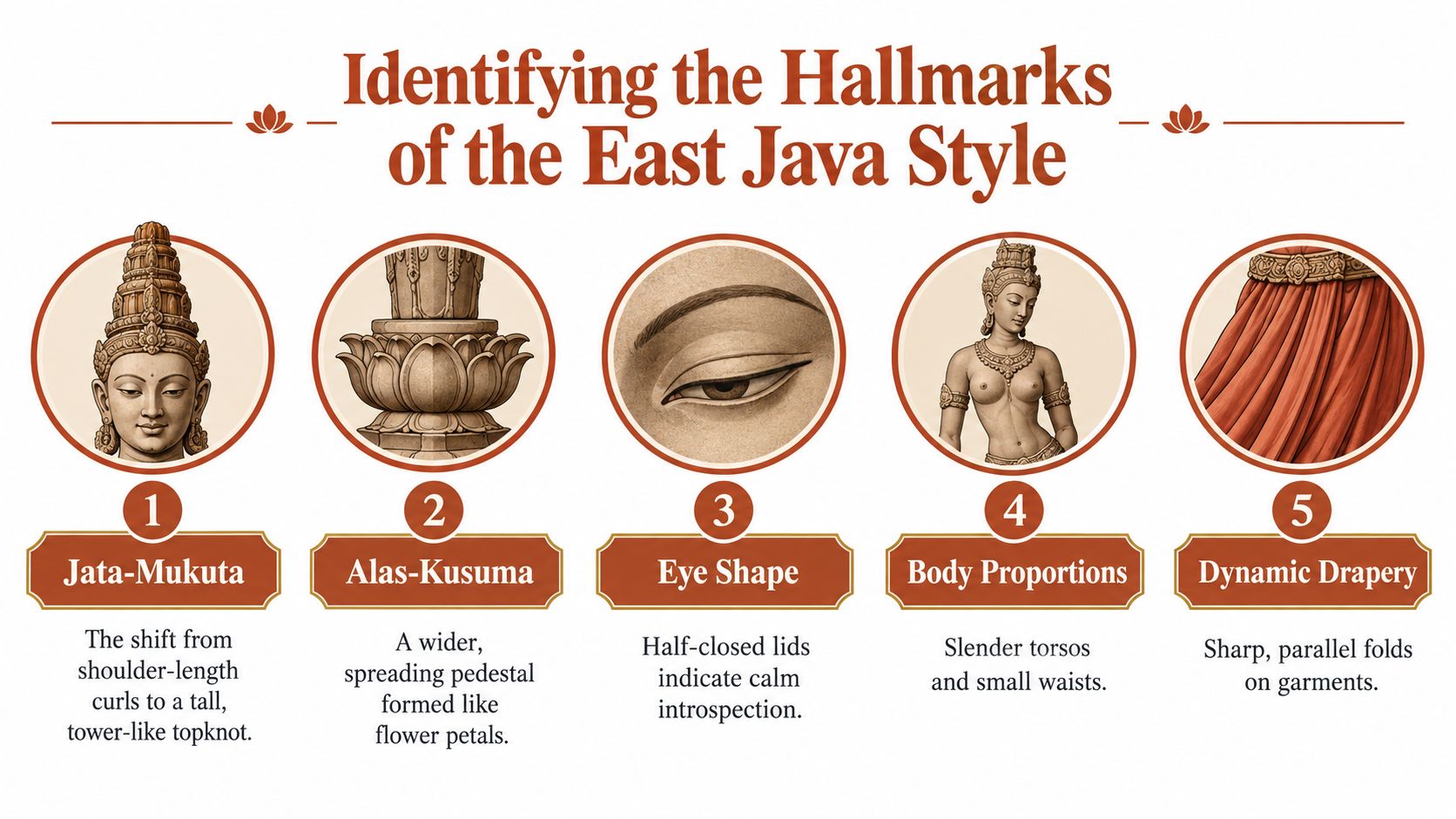 A visual guide identifying five distinct hallmarks of East Javanese Hindu-Buddhist sculpture style with detailed descriptions.