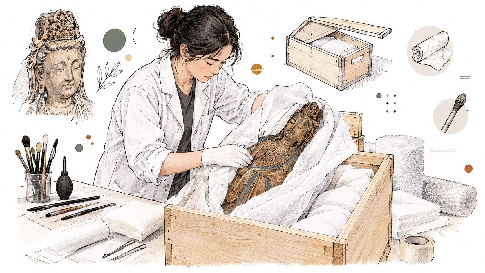 A professional art conservator carefully wrapping an ancient Buddha statue in white protective paper for storage.