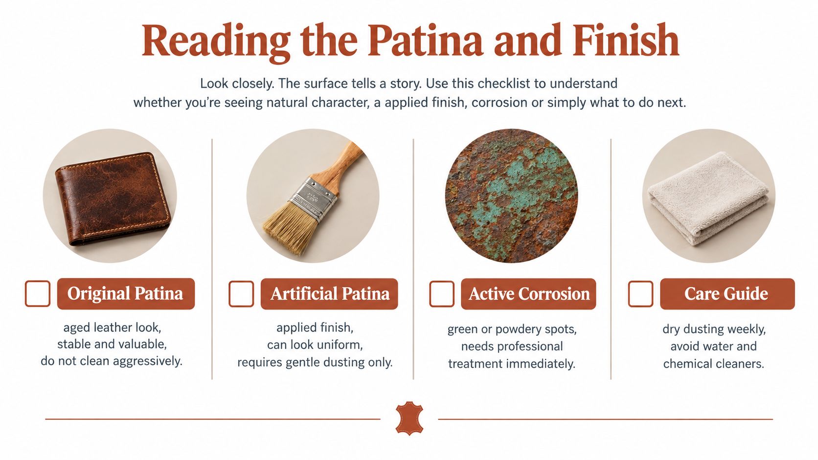 An infographic chart displaying four categories for identifying surface conditions on a small bronze Ganesh statue.