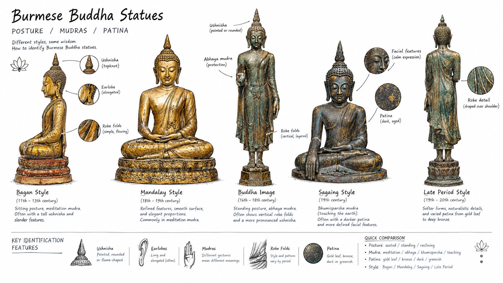 An educational infographic illustrating the stylistic characteristics and identification features of various traditional Burmese Buddha statues.