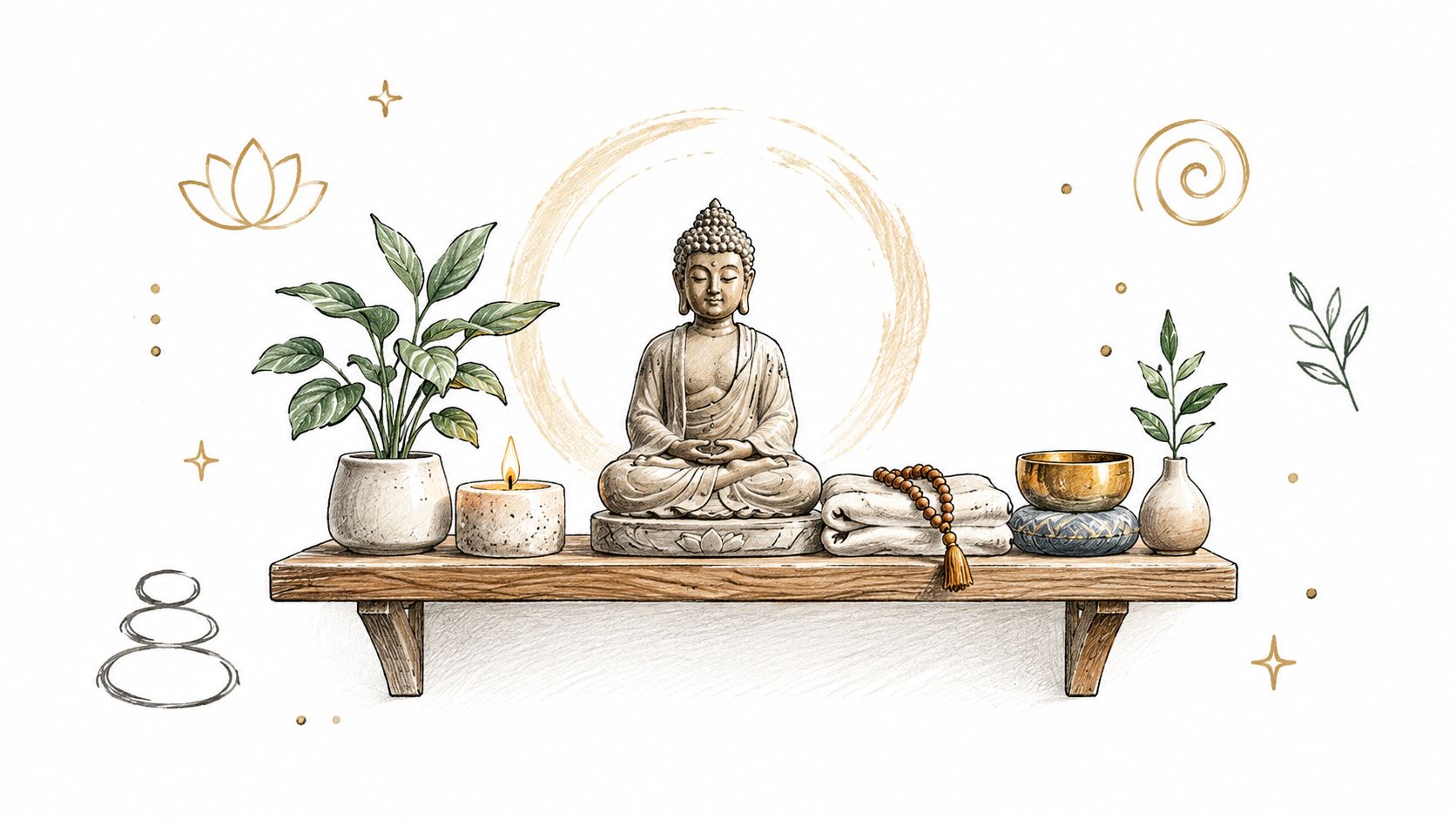 A Étagère zen sereine comprenant une statue de Bouddha, des plantes, une bougie allumée et des perles de prière de méditation.