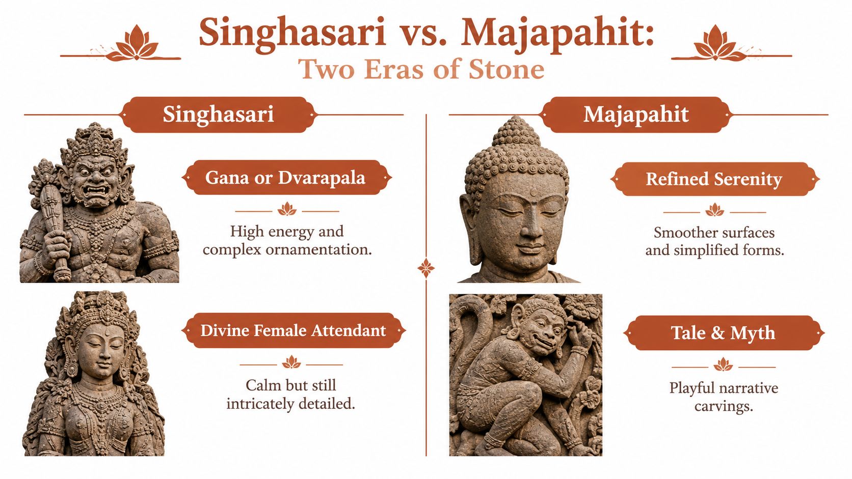 A comparison infographic featuring traditional stone sculptures from the Singhasari and Majapahit eras of Javanese history.