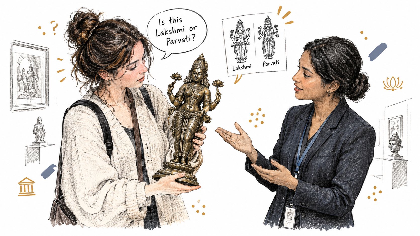 A museum guide explains the identity of a bronze goddess statue to a curious visitor.