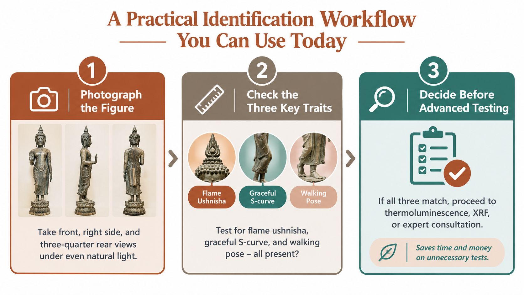 An infographic showing a three-step practical workflow for identifying authentic Sukhothai Buddha statues by examining key physical features.