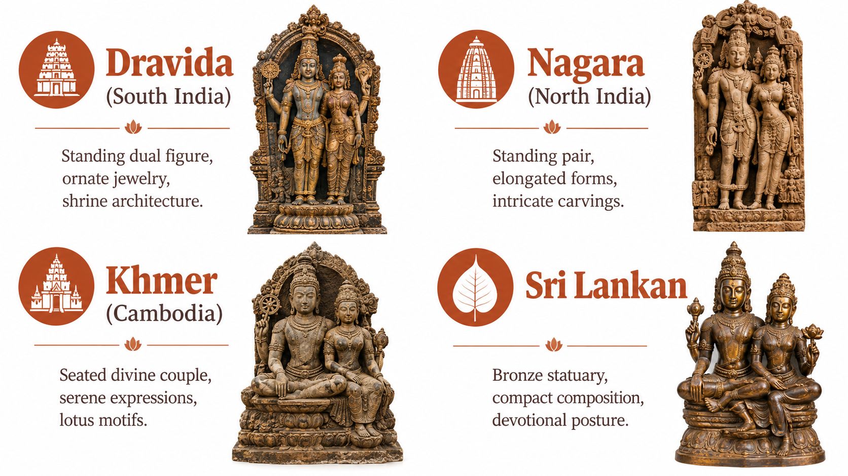 A comparison chart showing Lakshmi and Vishnu statues across Dravida, Nagara, Khmer, and Sri Lankan artistic styles.
