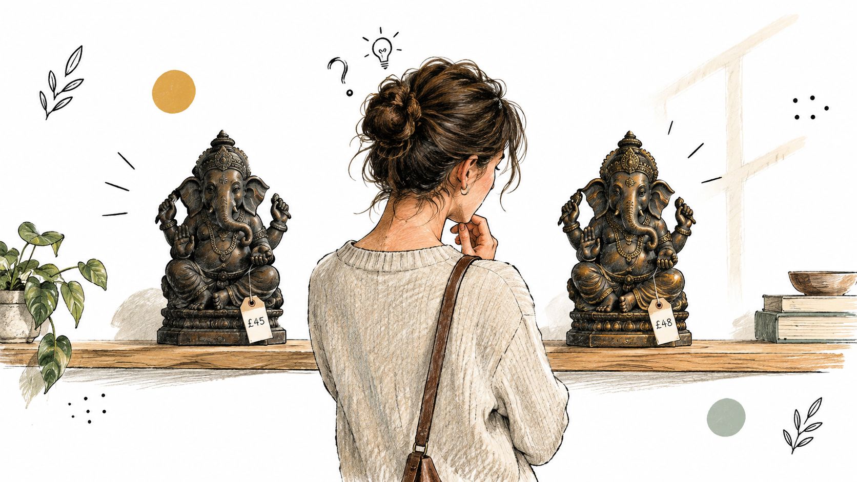 A woman shopping in a store, contemplating between two small bronze Ganesh statues with price tags.