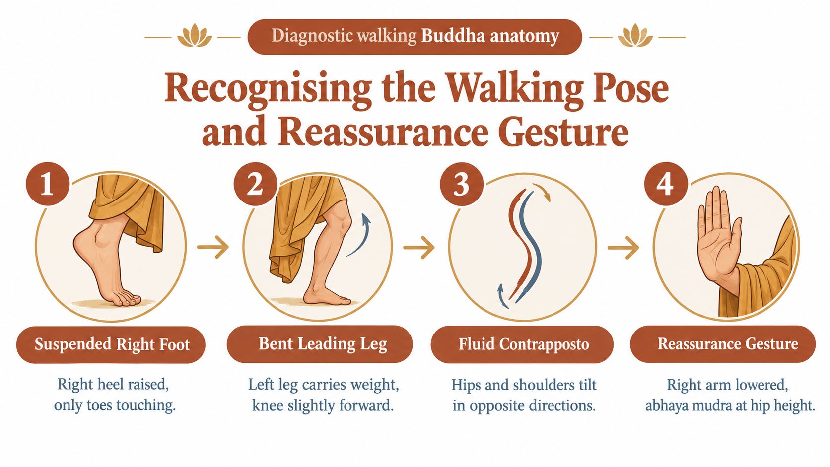 An educational infographic explaining the anatomy of a walking Buddha statue with four numbered key diagnostic steps.
