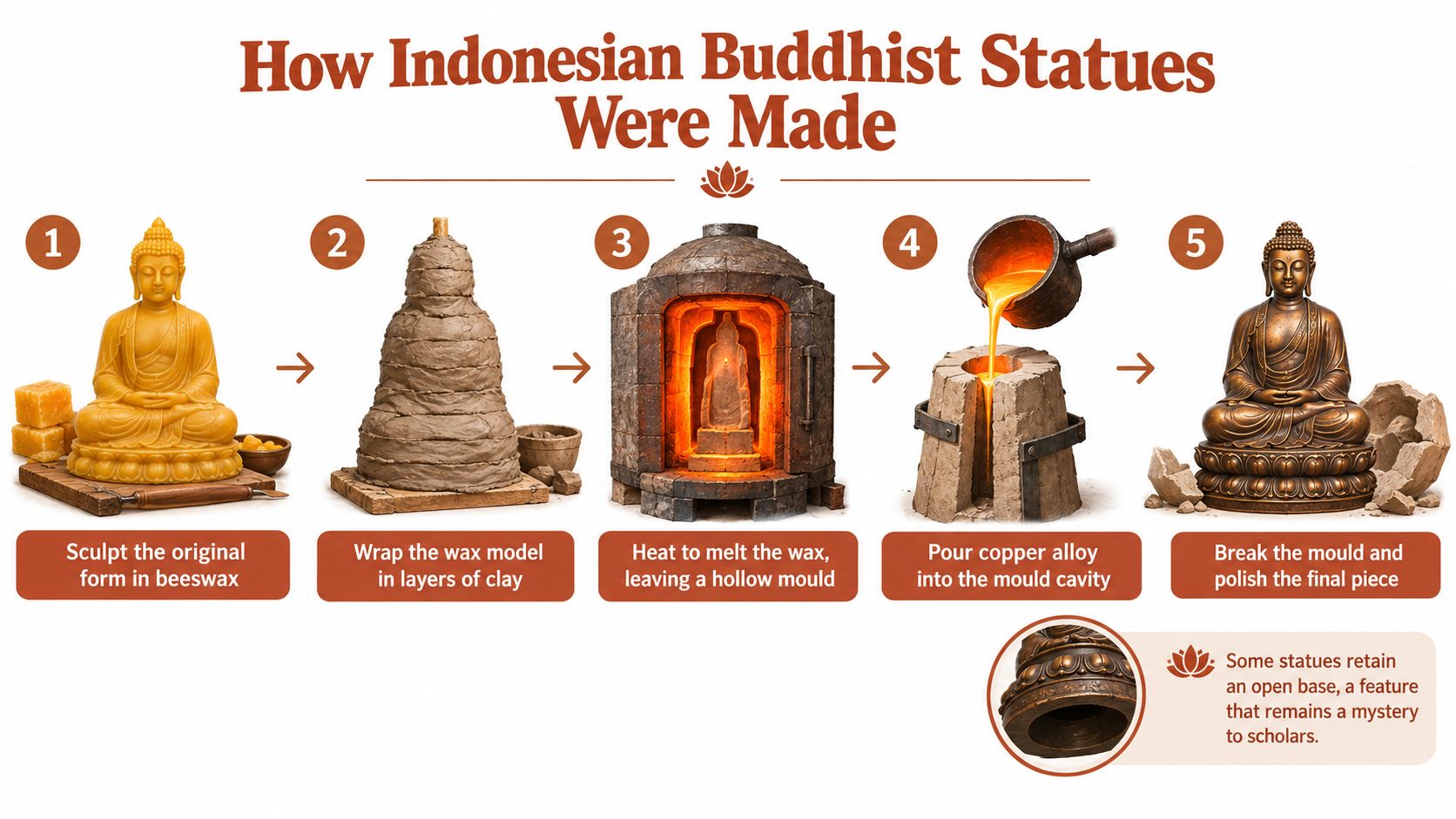 A five-step infographic illustration explaining the lost-wax casting process used to create Indonesian Buddhist statues.