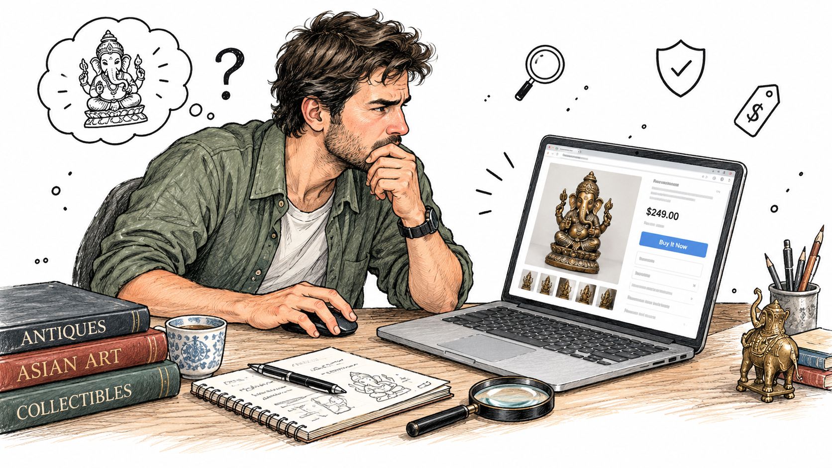 A man carefully researching a Ganesha antique statue online using his laptop, magnifying glass, and reference books.