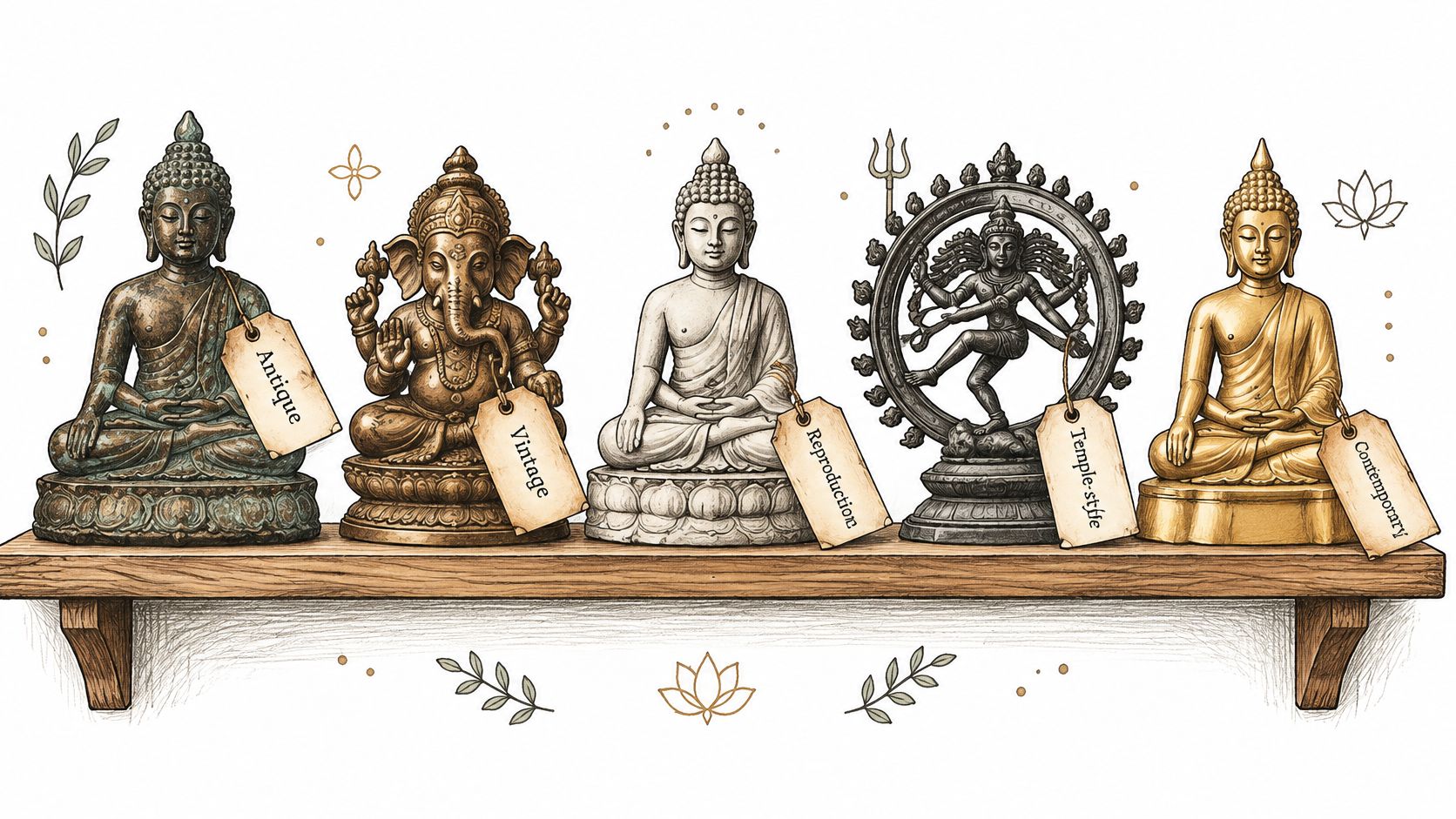 A shelf showcasing five different Hindu and Buddhist statues, each with a descriptive tag labeled by style.