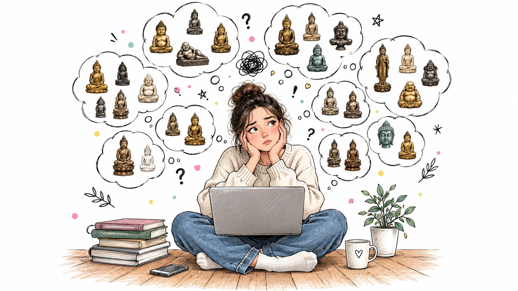A girl sitting on the floor with a laptop surrounded by thought bubbles containing many small Buddha statues.