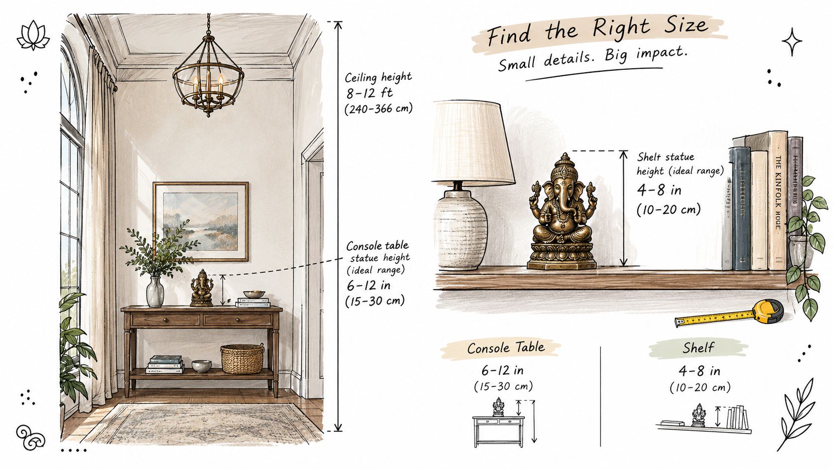 An illustration showing ideal size guidelines for a small bronze Ganesh statue on console tables and shelves.