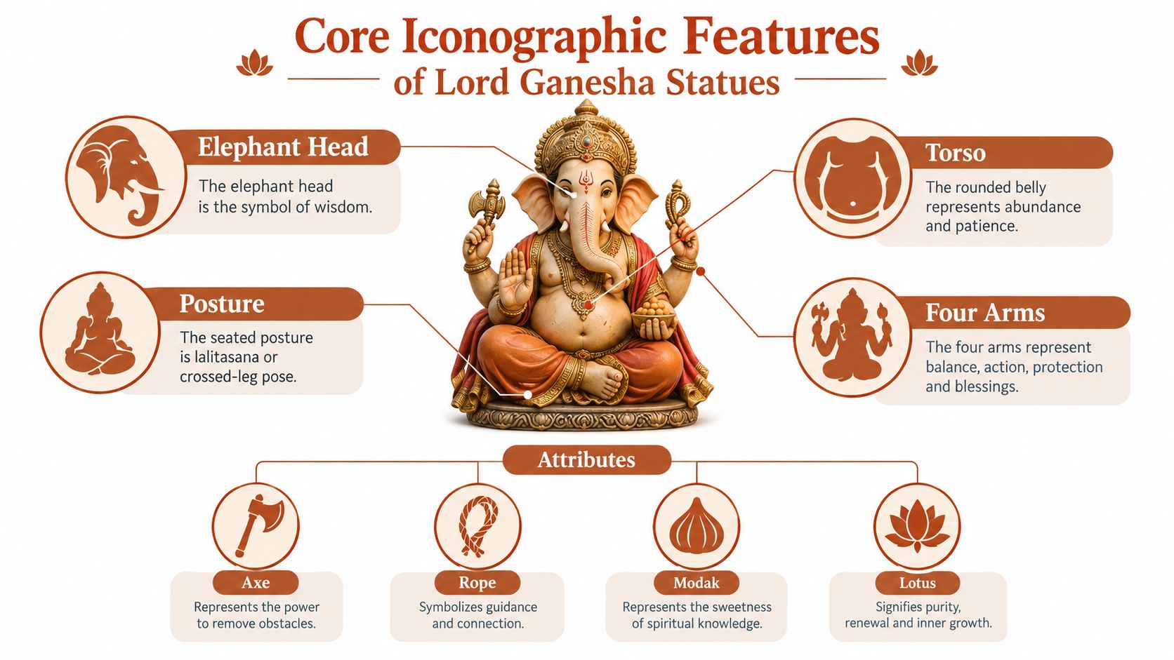 An infographic showing the core iconographic features and symbolic attributes of a seated Lord Ganesha statue.