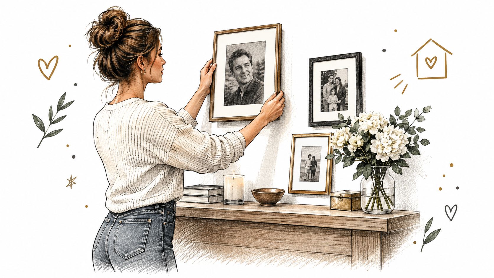 A woman in a white sweater hanging a framed portrait of a man on a white wall.