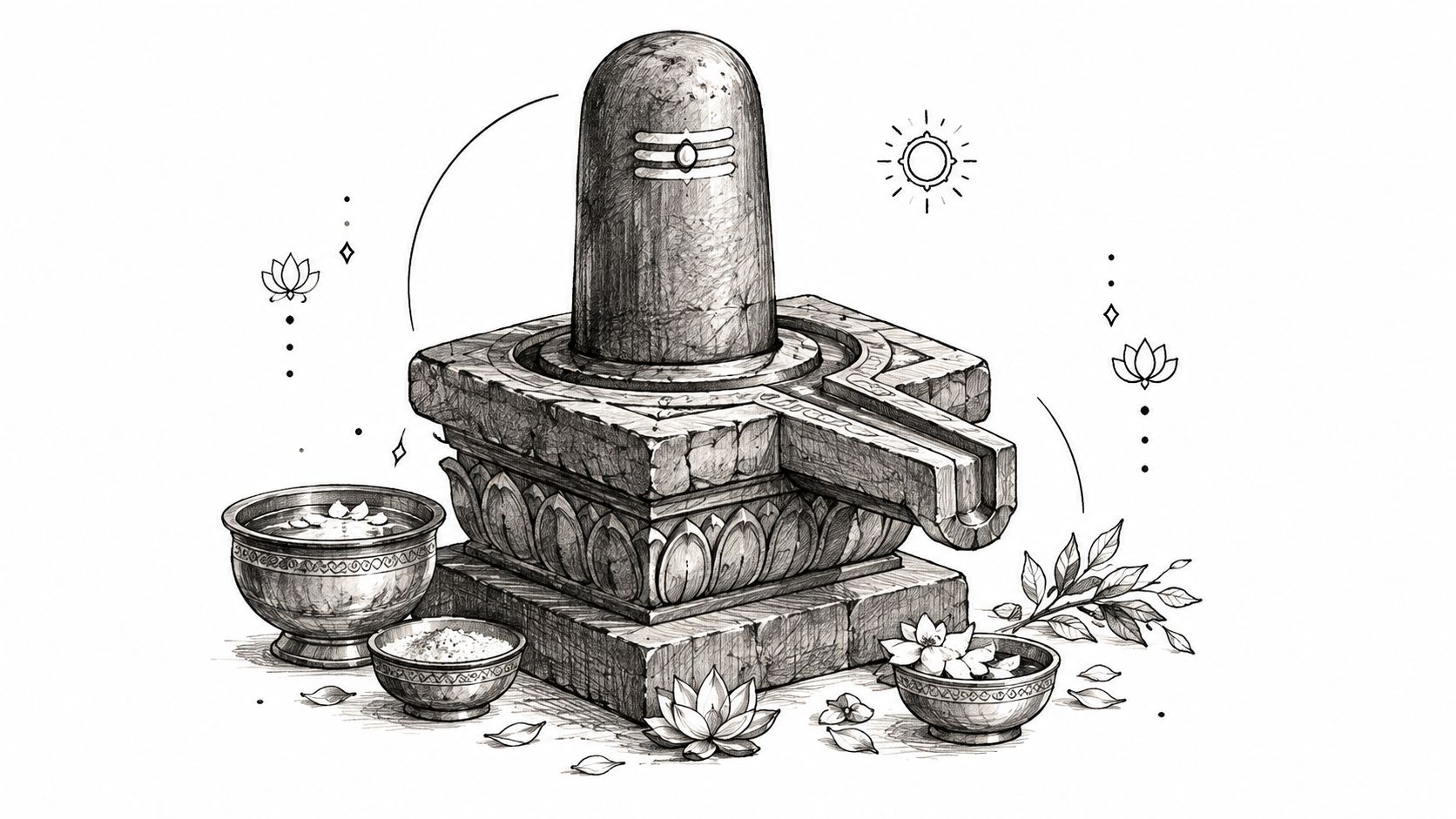 A detailed pencil sketch of a Shiva Linga, a sacred Hindu symbol, decorated with flowers and bowls.